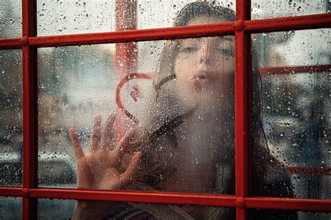 Wallpaper Women Window Heart Red Reflection Wall Water Drops