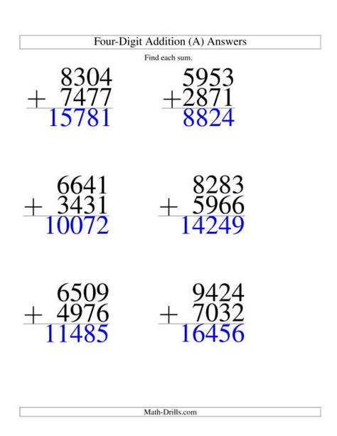 Addition Four Digit Numbers Worksheets Free Printable Worksheet