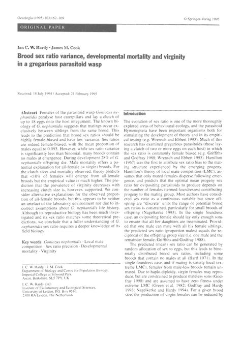 Pdf Brood Sex Ratio Variance Developmental Mortality And Virginity In A Gregarious Parasitoid