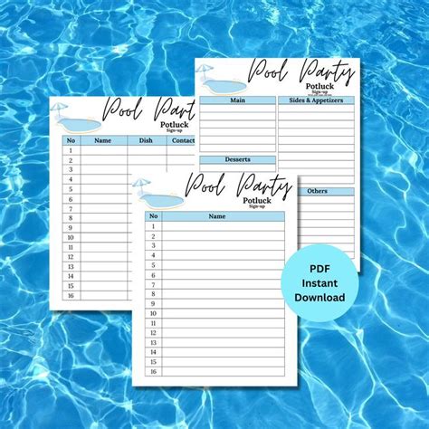 Potluck Sign Up Sheet Pool Party Potluck Sign Up Sheet Pool Potluck