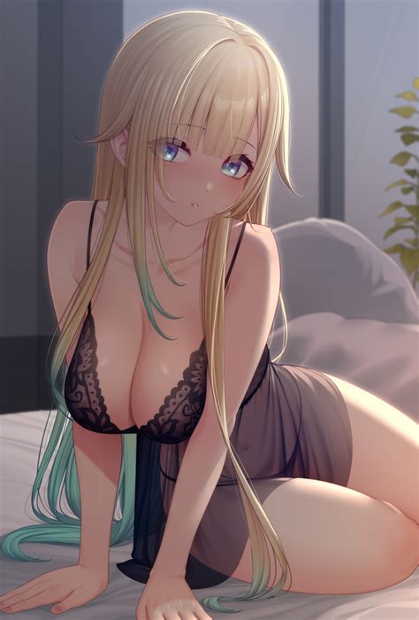 Nikichiho Aizawa Ema Vspo 1girl Bare Legs Bare Shoulders Bed Blonde Hair Blue Eyes