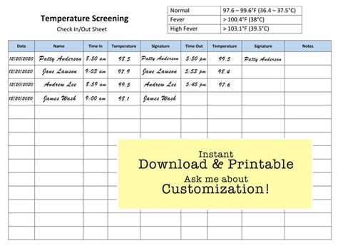 Temperature Recording Sheet Printable Forms Customizable Digital File