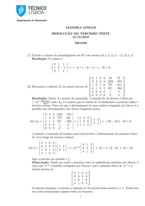 Resolu O Teste Departamento De Matem Atica Algebra