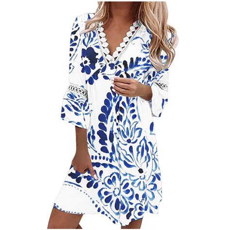 Mohiass 2024 Beach Boho Casual Beach Dresses For Women 34 Sleeve V Neck Lace Patchwork Boho