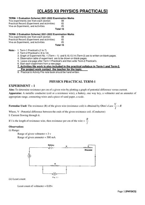 Xii Physics Practical 2021 22 Class Xii Physics Practicals Term 1