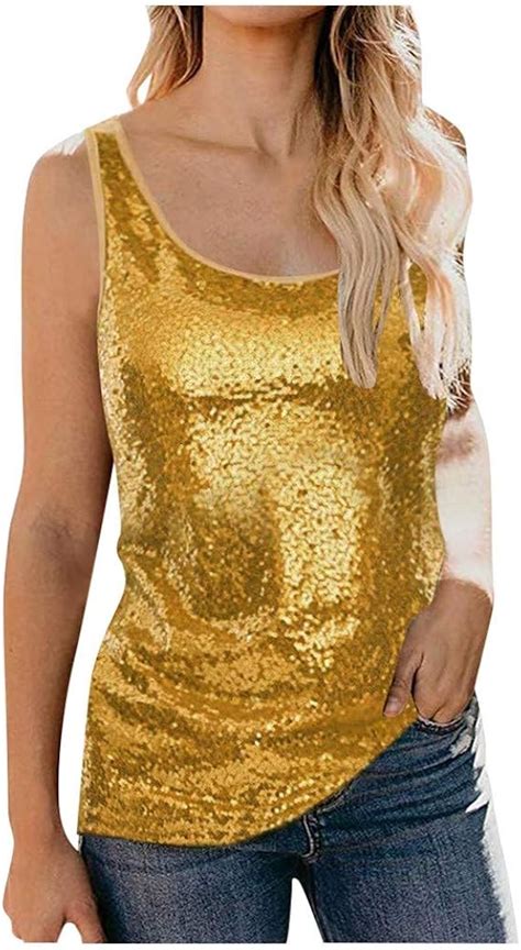 VEMOW Damen Glitzer Pailletten Tank Tops Ärmellos Sparkle Shimmer Shirt