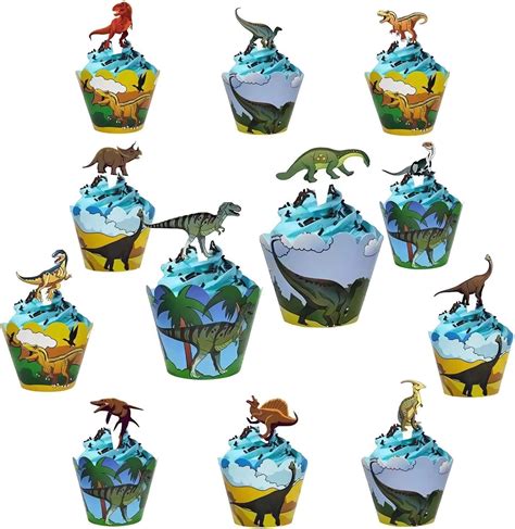 Adisno 48 teiliges Set Cupcake Toppers Wrappers 24 Stück Dinosaurier