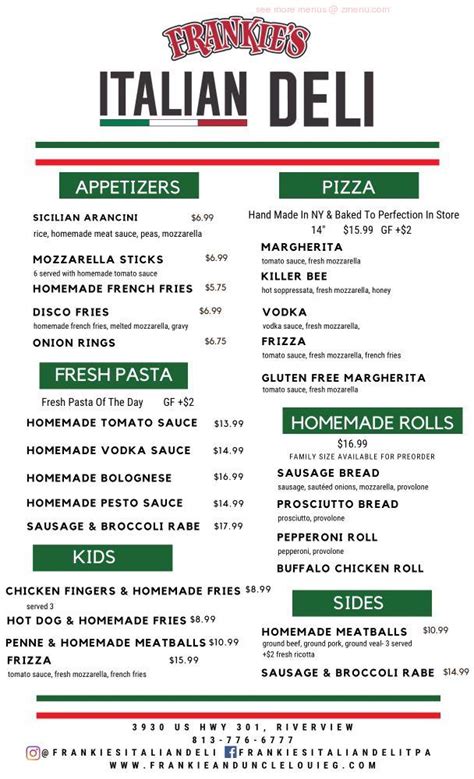 Menu at Frankie’s Italian Deli restaurant, Riverview