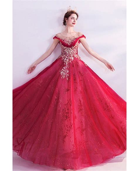 Red Tulle Aline Prom Dress With Bling Sequins Illusion Neckline