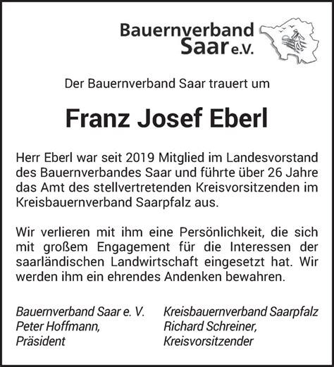 Traueranzeigen Von Franz Josef Eberl Saarbruecker Zeitung Trauer De