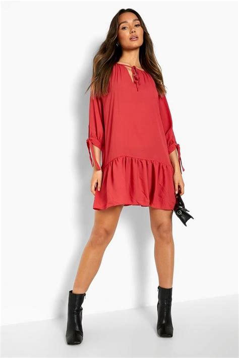 Womens Drop Hem Tie Neck Smock Dress Boohoo Uk