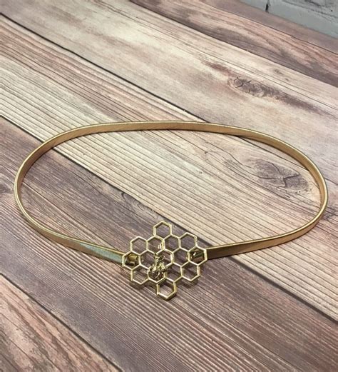 Gold Tone Bee Honeycomb Skinny Stretch Waist Belt Wom Gem