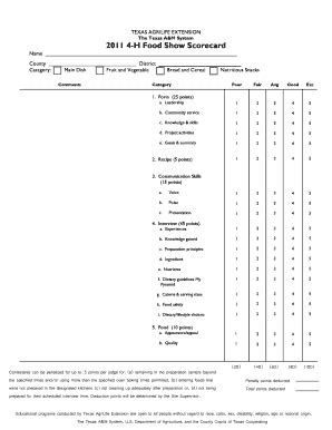 Fillable Online Agrilife 2011 4 H Food Show Scorecard AgriLife Org