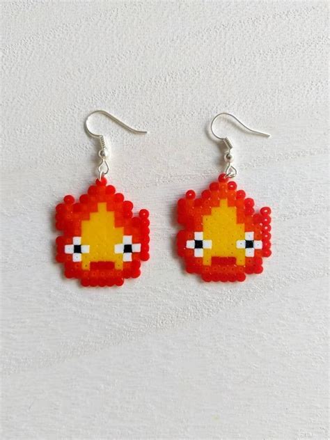 Cute Flame Face Hama Mini Perler Earrings Etsy Perler Bead Art Perler Crafts Bead Art