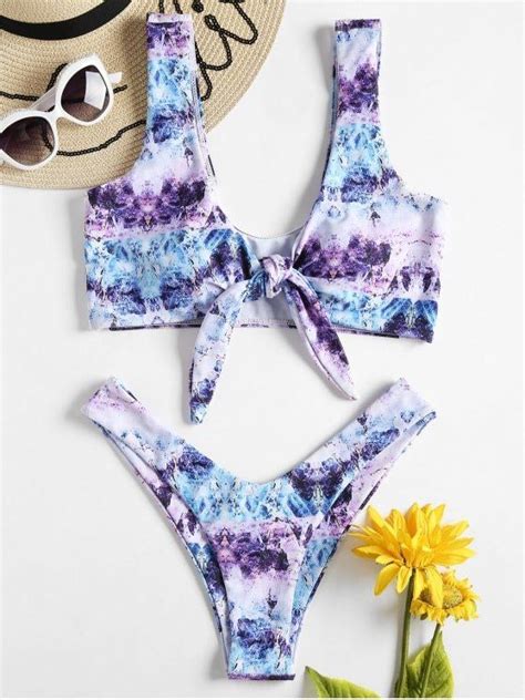 Tie Dye Front Knotted High Leg Bikini Multi High Leg Bikini Swimwear