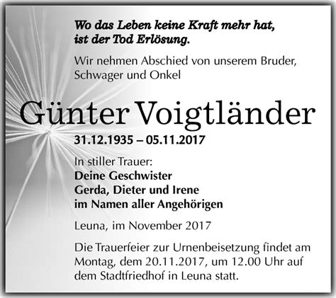 Traueranzeigen Von G Nter Voigtl Nder Abschied Nehmen De