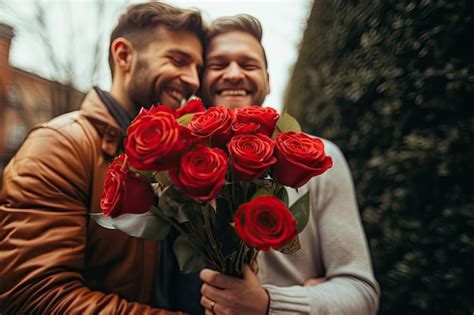 Premium Photo Happy Gay Couple Hugging While Holding A Bouquet Of Red Roses On The Street