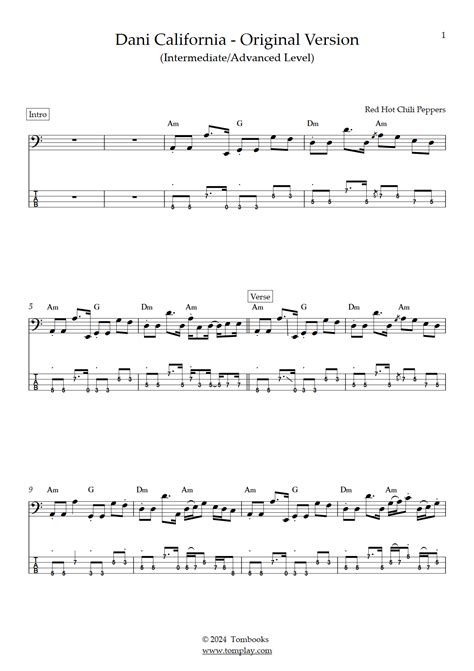 Dani California Original Version Intermediate Advanced Level Red Hot Chili Peppers Bass Tabs