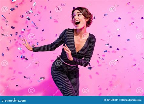 Photo Of Impressed Funky Lady Wear Glamour Outfit Dancing New Year