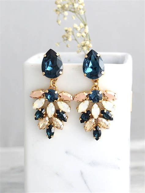 Blue Navy Drop Earrings Bridal Sapphire Chandeliers Blue Etsy Navy