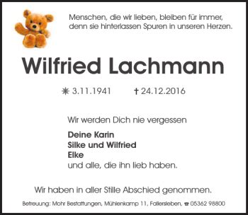 Traueranzeigen Von Wilfried Lachmann Trauer Anzeigen De