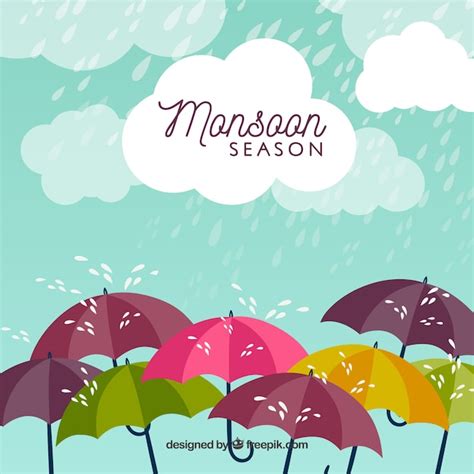 Free Vector Monsoon Season Background With Rain And Umbrellas