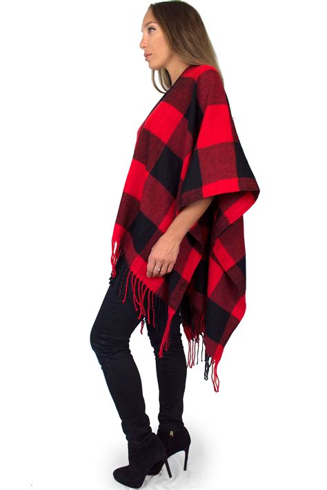 Woven Knit Buffalo Plaid Poncho Red Black Flannel Checkered Etsy