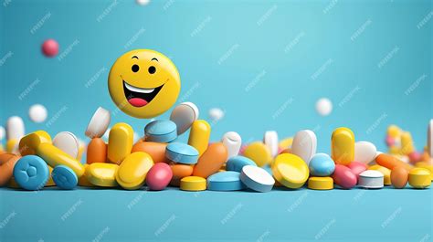 Premium Photo Smiley Face Surrounded By Colorful Pills On Blue