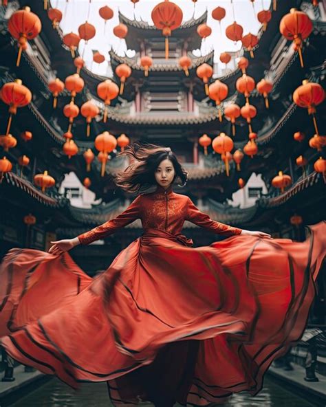 Premium AI Image An Oriental Asian Woman Wearing A Red Dress Dancing