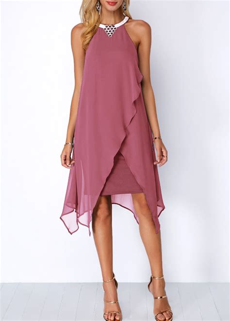 Chiffon Overlay Embellished Neck Asymmetric Hem Dress