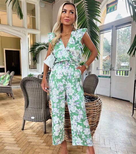 Ax Paris Green Floral Belted Jumpsuit New Look