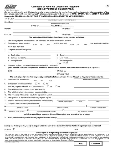 CA DMV Form DL 30 Certificate Of Facts RE Unsatisfied Judgment Forms