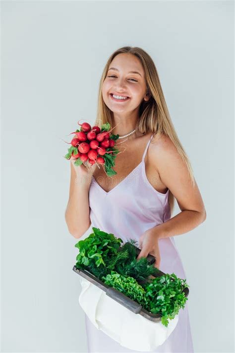 Beautiful Blonde Woman And Bag With Vegetables Stock Photo Image Of Market Healthy