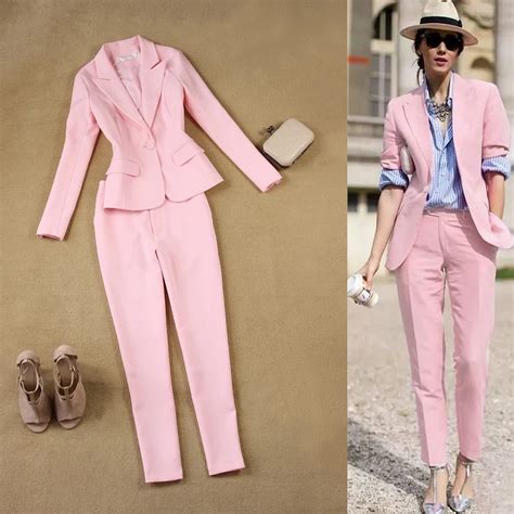 Pink Women Suit Sets Blazer And 9 Points Pants Work Pants Suits 2 Piece