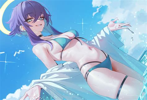 Behalter Original Absurdres Commentary Highres Girl Barbell Piercing Bikini Bird Black