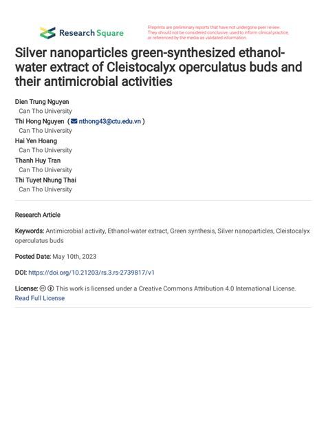 Pdf Silver Nanoparticles Green Synthesized Ethanol Water Extract Of