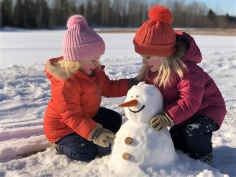 Premium AI Image | Kids building a snowman in winter day