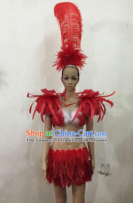 Top Grade Professional Performance Catwalks Costume Yellow Feather Bikini Traditional Brazilian