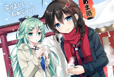 2girls Anthropomorphism Aqua Eyes Aqua Hair Black Hair Blue Eyes Bow