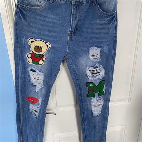 Men Cartoon Letter Patched Ripped Jeans Size Depop