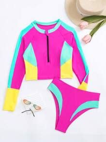 SHEIN Swim SPRTY Colorblock Zipper Front High Neck Bikini Swimsuit SHEIN USA