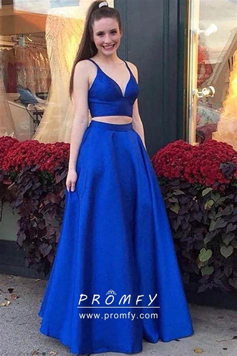 Buy Dramatic Royal Blue Two Piece Halter Split Front Beading Prom Dress