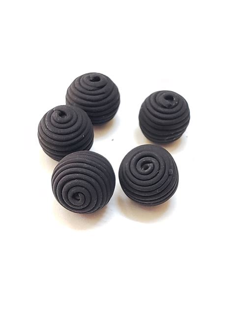 Black Round Polymer Clay Coil Beads Set Of Five 10mm Handmade Beads Jewelry Supplies Sculpey