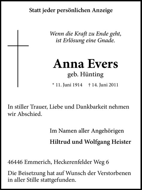 Traueranzeigen Von Anna Evers Trauer In Nrw De