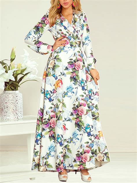 V Neck Belted Long Sleeve Floral Maxi Dress