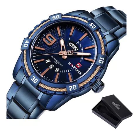 Relojes De Cuarzo Con Calendario De Lujo Naviforce Bisel Azul