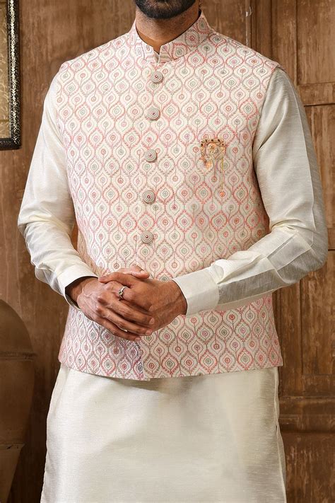 Buy Cream Art Banarasi Silk Nehru Jacket NMK 6369 Online