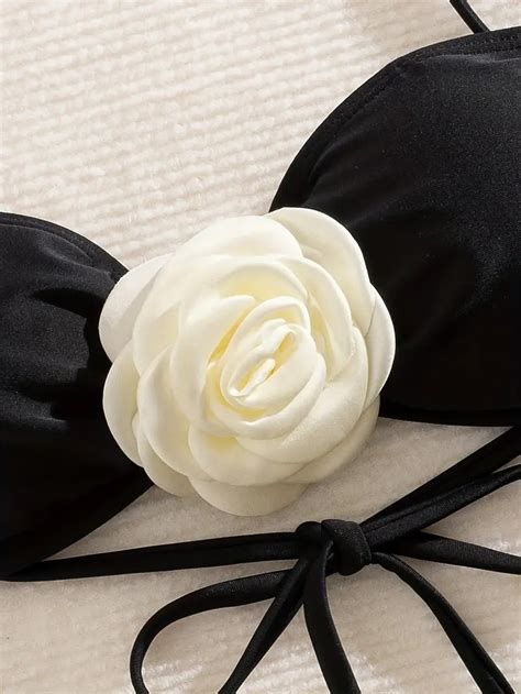 Women Fashion Two Piece Bikini Suit Solid Color Bikini With Flower Details Adjustable Shoulder