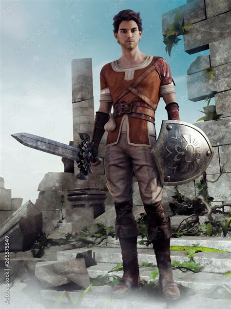 Fantasy young knight standing with a sword and shield in front of ...