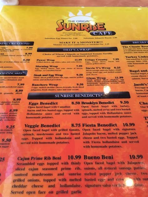 Menu At The Original Sunrise Cafe Las Vegas